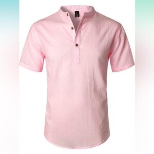 Pink shirt.